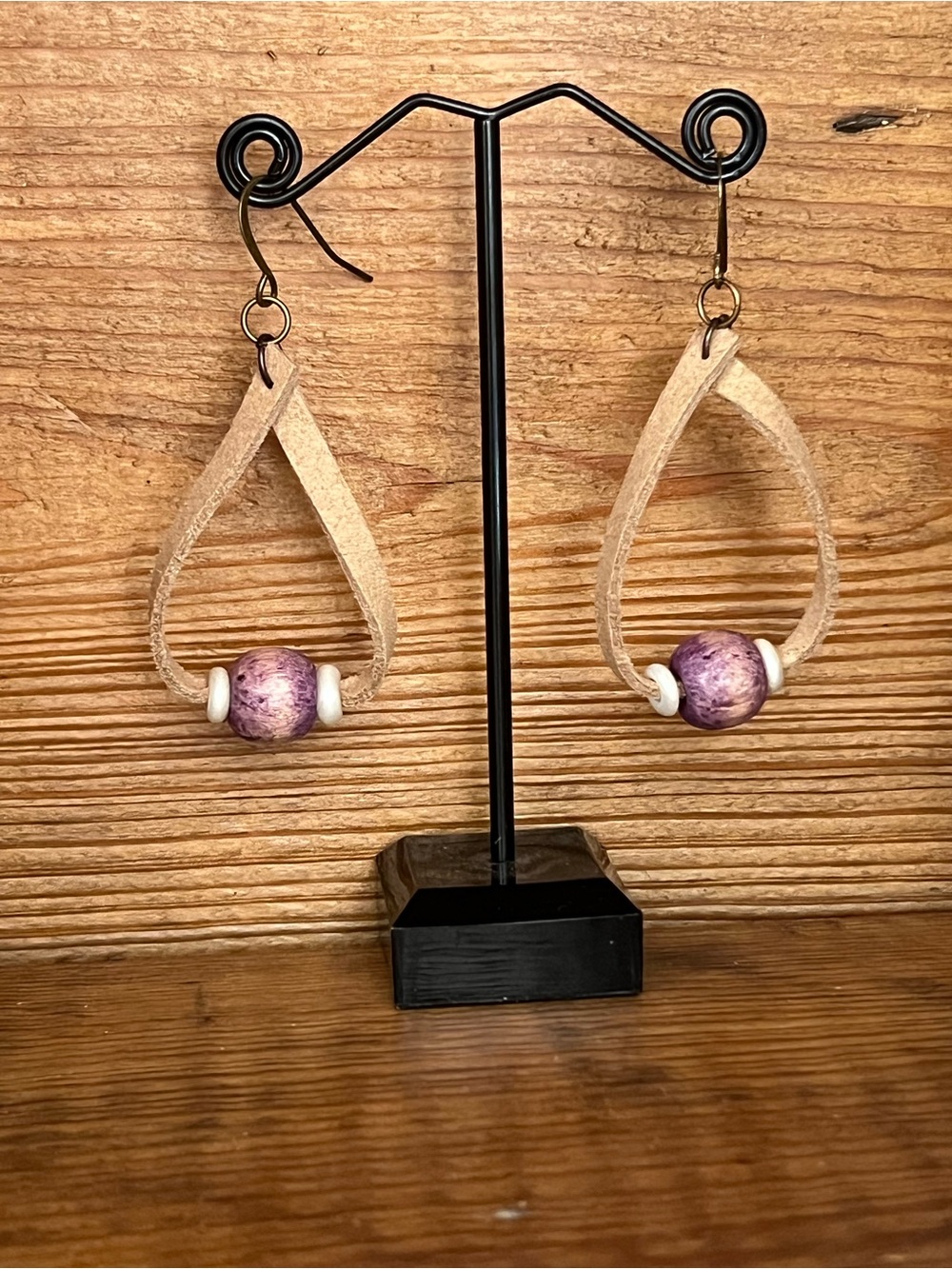 Vegan faux suede with wood and shell beads earrings